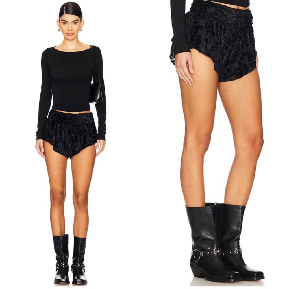 FREE PEOPLE Snow Angel Micro Shorts Floral Velvet Black Jacquard High Waist - Picture 12 of 15